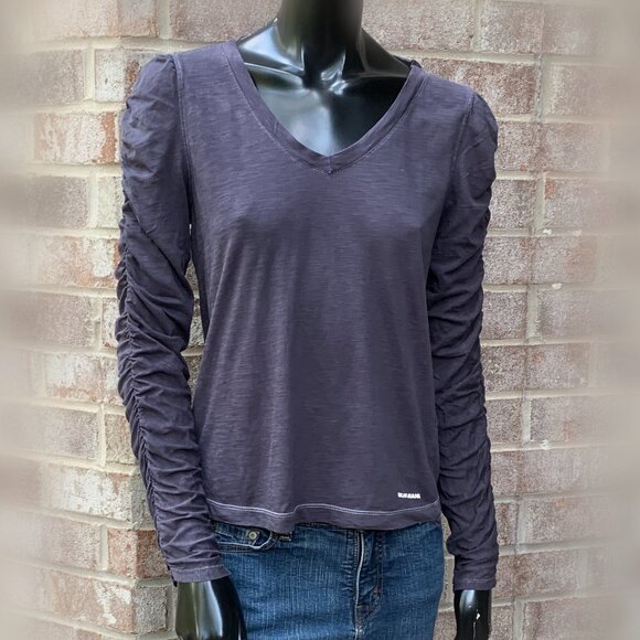 DKNY Ruched Long Sleeve Puffed Shoulders V-Neck Top SzS - Picture 4 of 11